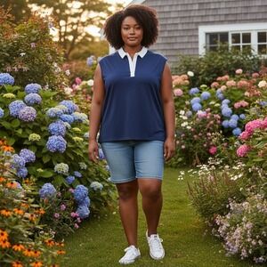 Torrid Belle Isle Navy Yachtcore Blue Sleeveless Polo‎ Shirt White Collar Size 2